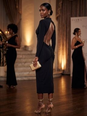 Club L London Black Knot Twist Long Sleeve Open Back Bodycon Midi Dress US 8